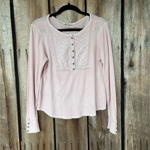 Lucky Brand Pink Thermal Henley Embroidered Lace Bib Top Size Large Boho